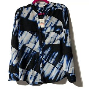 Calvin Klein Button Front Printed Blouse Roll Tab Sleeve Epaulettes Size XS